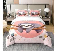 Homemissing Sloth Bedding Set for Girls Boys Kids King Size Cute Sloth Comforter Cover Set Room Tree Branches 100% Cotton Duvet Cover Pink Bedspread Cover