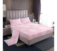 Homemissing Snowflake 4 Pieces Sheet with 16 Inch Deep Pockets Kids Pink White Bedding King Size Merry Christmas Bed Sheets Set for Women Men Decor Soft Microfiber Xmas Holiday With 2 Pillow Case