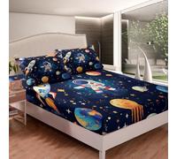 Homemissing Space Rocket Fitted Sheet King Size For Kids Boys Teens Cosmonaut Spaceman Bedding Set Outer Space Bed Sheet Set Universe Planets Room Decor Bed Sheet with 2 Pillowcase，No Flat Sheet