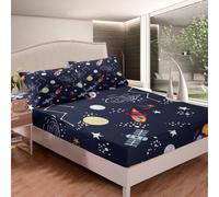 Homemissing Space Rocket Print Fitted Sheet Double Size For Kids Boys Teens Solar System Bedding Set Outer Space Bed Sheet Set Universe Planets Room Decor Bed Sheet with 2 Pillowcase，No Flat Sheet