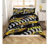 Homemissing Speed Sports Car Duvet Cover Set Single Size For Kids Boys Teens Extreme Sports Bedding Set Race Car Comforter Cover with 1 Pillowcase Yellow Racing Car Bed Sets,Zipper Closure