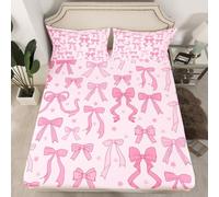 Homemissing Star Print Cute Bowknot Fitted Sheet Double Size for Kids Boys Girls Decor Girls Bow Bedding Set Microfiber Pink Bow Bed Cover with 2 Pillowcases,No Flat Sheet