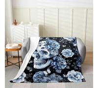 Homemissing Sugar Skull Flannel Fleece Throw Blanket Single 50x60Inch Gothic Skull Fuzzy Blanket for Sofa Couch Adult Kids Boys Girls Blue Floral All Season Bedroom Decor Butterfly Room Decor