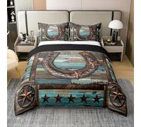 Homemissing Teal Horseshoes Bedding Set King Size Kids Western Aztec Comforter Cover for Boys Girls West Texas Star Cowboy Rustic Farmhouse Tribal Duvet Cover 100% Cotton Soft 3Pcs