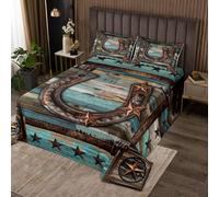Homemissing Teal Horseshoes Coverlet Set Double Size Kids Western Aztec Quilted Coverlet for Boys Girls Teens West Texas Star Cowboy Rustic Farmhouse Tribal Bedspread Room Decor