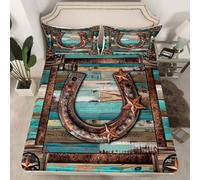 Homemissing Teal Horseshoes Fitted Sheet King Kids Western Aztec Bedding for Boys Girls Teens West Texas Star Cowboy Rustic Farmhouse Tribal Bed Sheets Set 16" Deep Pocket Soft Room Decor 3Pcs