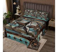 Homemissing Teal West Texas Star Bedspread Single Size Western Aztec Coverlet Set for Kids Boys Girls Decor Cowboy Rustic Farmhouse Tribal Exotic Style Quilted Coverlet Room Decor