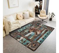 Homemissing Teal Western Aztec Area Rug 100x150cm Cowboy Boots Hat Living Room Rugs for Bedroom for Kids Decor West Texas Star Rustic Farmhouse Vintage Decor Carpet Indoor Floor Mat Room Decor