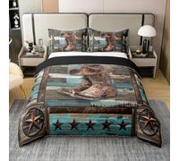Homemissing Teal Western Aztec Duvet Cover 100% Cotton Double Size Cowboy Boots Hat Bedding Set for Kids Decor West Texas Star Rustic Farmhouse Vintage Comforter Cover Soft Bedroom Decor 3Pcs