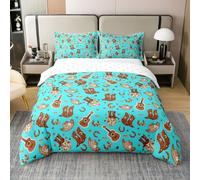 Homemissing Teal Western Aztec Duvet Cover 100% Cotton Wild Cowboy Boots Hat Bedding Set Double Size Horseshoes Guitar Rustic Farmhouse Tribal Cow Comforter Cover Soft With 2 Pillow Case 3Pcs