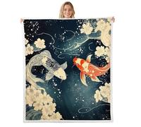 Homemissing Traditional Japanese Ukiyoe Fleece Throw Blanket Double 60x79Inch Japanese koi carp Plush Sherpa Blanket For Bed Sofa Coach Sakura Flower Bedroom Decor Anime