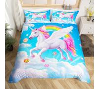 Homemissing Unicorn Duvet Cover Junior/Cot Bed Size Rainbow Bedding Set Breathable Soft Dreamy Horse Printed 2Pcs Cute Bedroom Decor Sky Blue