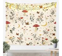 Homemissing Vintage Mushroom Tapestry Whimsical Floral & Mushroom Cottage Design Wall Art for Living Room Bedroom Floral Wall Hanging Blanket Fern Plants Botanical Home Decor Medium 51x59 Inch Beige