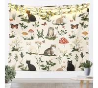 Homemissing Vintage Woodland Mushroom Tapestry Cat Wall Art for Living Room Bedroom Fern Plants Botanical Wall Hanging Blanket Kawaii Fungus Home Decor Medium 51x59 Inch Dark Beige