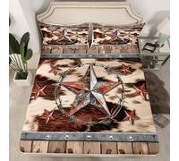 Homemissing West Texas Star Bed Sheets Set 16" Deep Pocket Double Western Aztec Fitted Sheet for Kids Boys Girls Decor Cow Fur Printed Cowboy Rustic Farmhouse Horseshoes Bedding Bedroom Decor 3Pcs