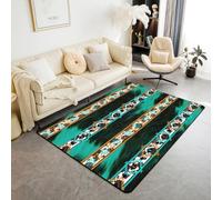 Homemissing Western Area Rug 100x150cm Cowhide Cow Print Vintage Animal Retro Fur Living Room Rugs for Bedroom Boho Rustic Decor Carpet Exotic Geometric Indoor Floor Mat Balck Green Blue Non-slip