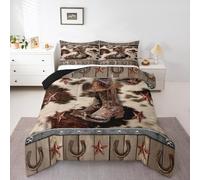 Homemissing Western Aztec Bedding Set Double Cowboy Boots Hat Comforter Set for Kids Boys Girls Decor West Texas Star Cow Fur Printed Horseshoes Rustic Duvet Quilt Breathable Soft Bedroom Decor 3Pcs