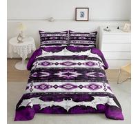 Homemissing Western Aztec Duvet Set Double Size Cowhide Cow Print Retro Fur Bedding SetBoho Rustic Farmhouse Style Duvet Quilt Exotic Geometric Bedroom Decor Purple3 Pcs with 2 Pillow Cases