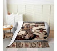 Homemissing Western Aztec Fleece Throw Blanket Double 60x79Inch Cowboy Boots Hat Flannel Blanket Plush Fuzzy for Kids Decor West Texas Star Cow Fur Printed Horseshoes Rustic for Bed Chair Living Room