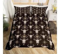 Homemissing Western Cow Skull Duvet Cover Double Size Boho Aztec Bedding Set for Boys Girls Longhorn Skull Duvet Cover Wild West Bedroom Decor 3Pcs Brown