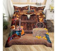 Homemissing Western Cowboy Duvet Cover Set Super King Size For Kids Boys Girls Bull Skull Cow Bedding Set Rustic Wooden House Barn Duvet Cover with 2 Pillowcases Rodeo Cowboy Style Bedding