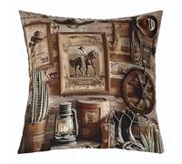 Homemissing Western Cowboy Throw Pillow Covers 1 Pcs Vintage Southwest Square Cushion Covers Wild West Cowboy Pillow Case Wooden House Cushion Case for Couch Sofa Bedroom Decor 20 x 20-Inch