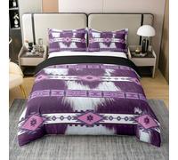 Homemissing Western Duvet Cover 100% Cotton Single Size Cowhide Cow Print Retro Fur Bedding Set Boho Rustic Duvet Cover Exotic Geometric Bedroom Decor 2Pcs Dark Purple With 1 Pillowcase