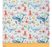 Homemissing Whale Fabric by The Yard Jellyfish Crab Starfish Upholstery Fabric for Chairs Ocean Indoor Outdoor Decor for DIY Sewing Craft Projects Sea Animal 1 Yard (L92*W150cm)