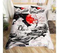 Homemissing White Fox Duvet Cover Single Size Cherry Blossoms Moon Bedding Set for Boys Girls Japanese Japan Comforter Cover Bedroom Decor 2Pcs