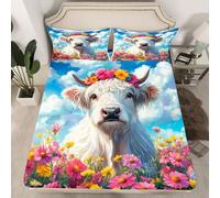 Homemissing White Highland Cow Fitted Sheet Single Size For Kids Boys Girls Daisy Floral Print Bedroom Decor Farmhouse Animal Fitted Sheet with 1 Pillowcase Anime Highland Cattle Bedding