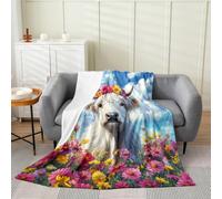 Homemissing White Highland Cow Flannel Fleece Throw Blanket Double 60x79Inch For Kids Boys Girls Daisy Floral Print Plush Sherpa Blanket Farmhouse Animal Bedroom Decor Anime Highland Cattle
