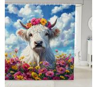 Homemissing White Highland Cow Shower Curtain 180x180cm for Bathroom Decor Daisy Floral Print Bath Curtain Farmhouse Animal Bathroom Accessories Anime Highland Cattle Waterproof Fabric