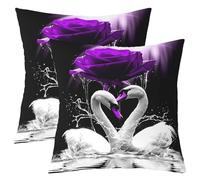 Homemissing White Swan Throw Pillow Covers 60x60cm Set of 2 3D Rose Decorative Pillowcase Romantic Flowers Pattern Cushion Cover Valentine's Day Purple Rose Floral Print Outdoor Pillows Covers