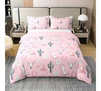 Homemissing Wild West Cowboy Bedding Set Super King Size Pink Western Cover for Kids Teens Adults Floral Cactus Duvet Cover 100% Cotton Rodeo Cowboy Style Room 3Pcs With 2 Pillow Case Zipper Soft