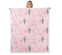 Homemissing Wild West Cowboy Fleece Throw Blanket Single 50x60Inch Pink Western Sherpa Blanket Plush Fuzzy for Kids Teens Adults Floral Cactus Warm Cozy Rodeo Cowboy Style Room Decor All Season Soft