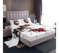 Homemissing Wolf Bed Sheets Set Double Size Rose Bedding Set for Kids Boys Girls Romantic Red Rose Floral Sheets with Deep Pocket Fitted Sheet Fantasy Wildlife Print Bedding Set