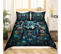 Homemissing Wolf Bedding Set for Kids Boys Wolves Howling Comforter Cover Set King Size Dreamcatcher Duvet Cover Room Decor Boho Dream Catcher Decor Bedspread Cover, Teal 3Pcs Zipper