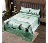 Homemissing Wolf Printed Quilted Bedspread Misty Woods Fox Quilted Bedspread for Kids Boys Girls Natural Landscape Coverlet Set Rustic Wooden Board Quilted with 2 Pillowcases 3Pcs King