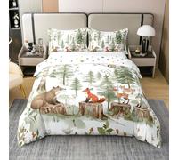 Homemissing Woodland Animal Duvet Cover 100% Cotton Super King Forest Deer Bear Fox Bedding Set for Boys Girls Cute Comforter Cover Nature Wildlife 3Pcs Farmhouse Zipper Closure With 2 Pillowcases
