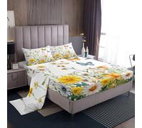 Homemissing Yellow Daisy Bed Sheets Set King Size For Kids Boys Girls Butterfly Floral Printed Bedroom Decor Blossom Flowers Pattern 4Pcs with 1 Pillowcase Natural Theme Bedding