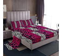 Homemissing Zebra Stripes Bed Sheets Set Double Size Leopard Print Bed Set Zebra Leopard Fur Deep Pocket Fitted Sheet Wild Animal Skin Breathable Soft Lightweight Microfiber Rose and Balck