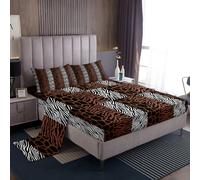 Homemissing Zebra Stripes Bed Sheets Set King Size Leopard Print Deep Pocket Fitted Sheet Zebra Leopard Fur Bedding Sets Wild Animal Skin Soft Bed Set 4Pcs with 2 Pillow Cases Brown and Balck