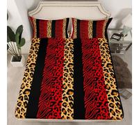 Homemissing Zebra Stripes Fitted Sheet Double Size Boys Girls Leopard Print Bed Sheets Set 16" Deep Pocket Soft Zebra Leopard Fur Bedding with 2 Pillowcases Wild Animal Skin Room Decor Balck Red