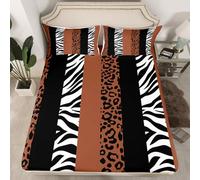 Homemissing Zebra Stripes Fitted Sheet Double Size Boys Girls Leopard Print Bed Sheets Set 16" Deep Pocket Soft Zebra Leopard Fur Bedding with 2 Pillowcases Wild Animal Skin Room Decor Balck Brown