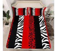 Homemissing Zebra Stripes Fitted Sheet Double Size for Boys Girls Leopard Print Bed Sheets Set 16" Deep Pocket Soft Zebra Leopard Fur Bedding with 2 Pillowcases Wild Animal Skin Room Decor Balck Red