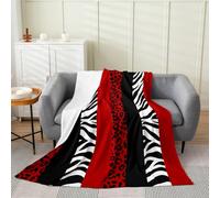 Homemissing Zebra Stripes Flannel Plush Blanket Leopard Print Fleece Throw Blanket for Teens Zebra Leopard Fur Plush Sofa Throw Wild Animal Skin Single 50x60Inch Balck Red for Bed Chair Living Room