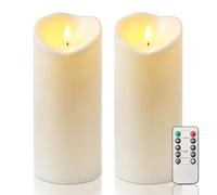 Homemory 10 cm x 22.8 cm Waterproof Flickering Flameless Candles, Outdoor Battery Operated LED Pillar Candles with Remote Control Timer, Electric Fake Plastic Candles, Ivory, Set of 2