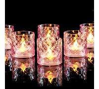 Homemory 2" x 2" Acrylic Votive Candle Holders with Auto Timer Flameless Led Tealight with, Battery Powered Fake Electric Candles for Wedding Centerpiece, Table, Christmas Decor (12Pack, Pink Base)