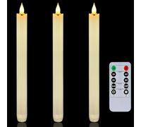 Homemory 3 Pcs Waxy Flameless Taper Candles with Remote, Flickering Battery Operated Taper Candles, Led Flameless Candlesticks Classic Tall Candle for Home, Wedding, Party, Ivory, 9.6 inches
