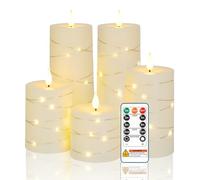 Homemory Battery Candles with String Lights, Fake LED Candle Lights with Remote Control and Timer, Electric Flameless Candles for Home Decor, Wedding and Gift, Ivory, Set of 5